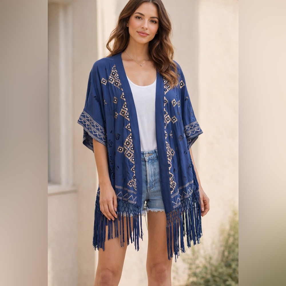 Kalypso7 Women’s Bohemian Blue Silver Embroidery Kimono with Fringe Medium
